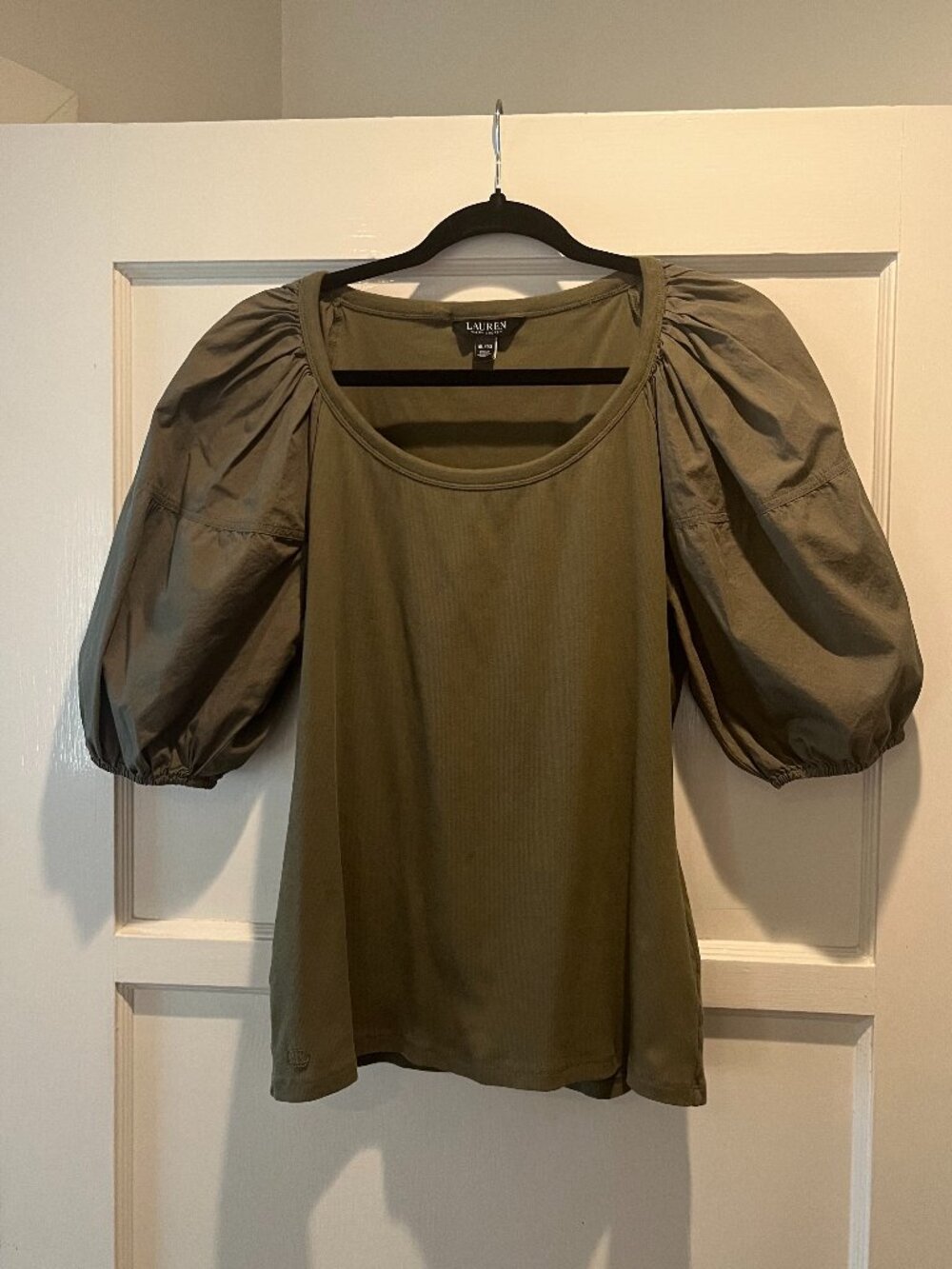 Lauren Stretch Cotton Puff-Sleeve T-Shirt in Khaki, XL